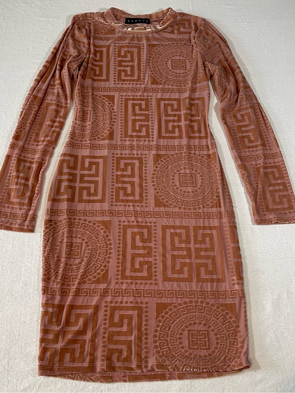 Sabora Mesh/Velvet Tribal Geometric Long Sleeve Bodycon Dress Women’s L
